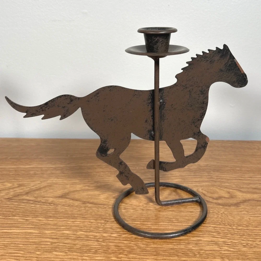 Vintage Rustic Metal Art Galloping Horse Taper Candle Holders Pair Silhouette
